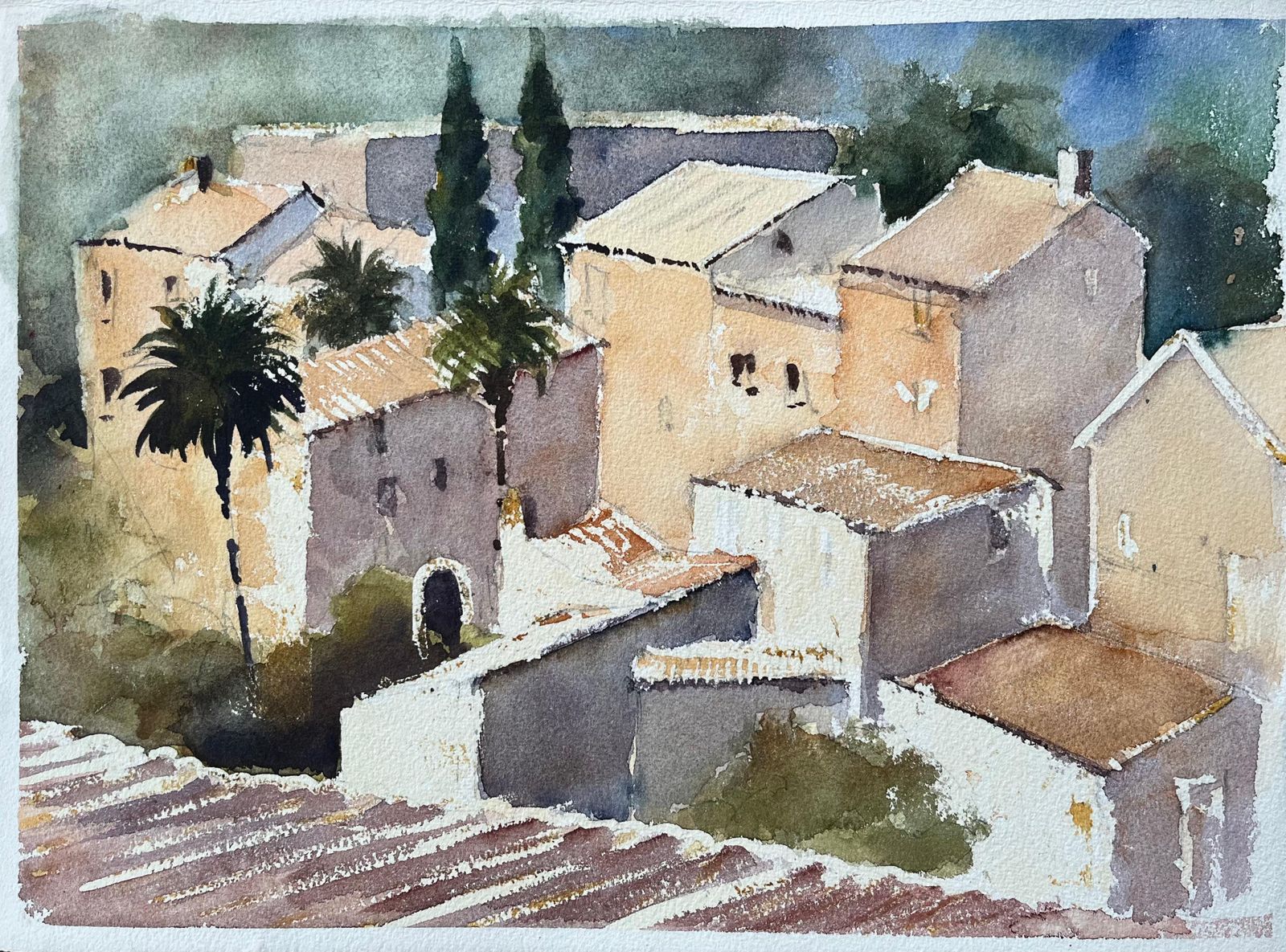 British Impressionist Watercolor Of Mediterranean Village Rooftops