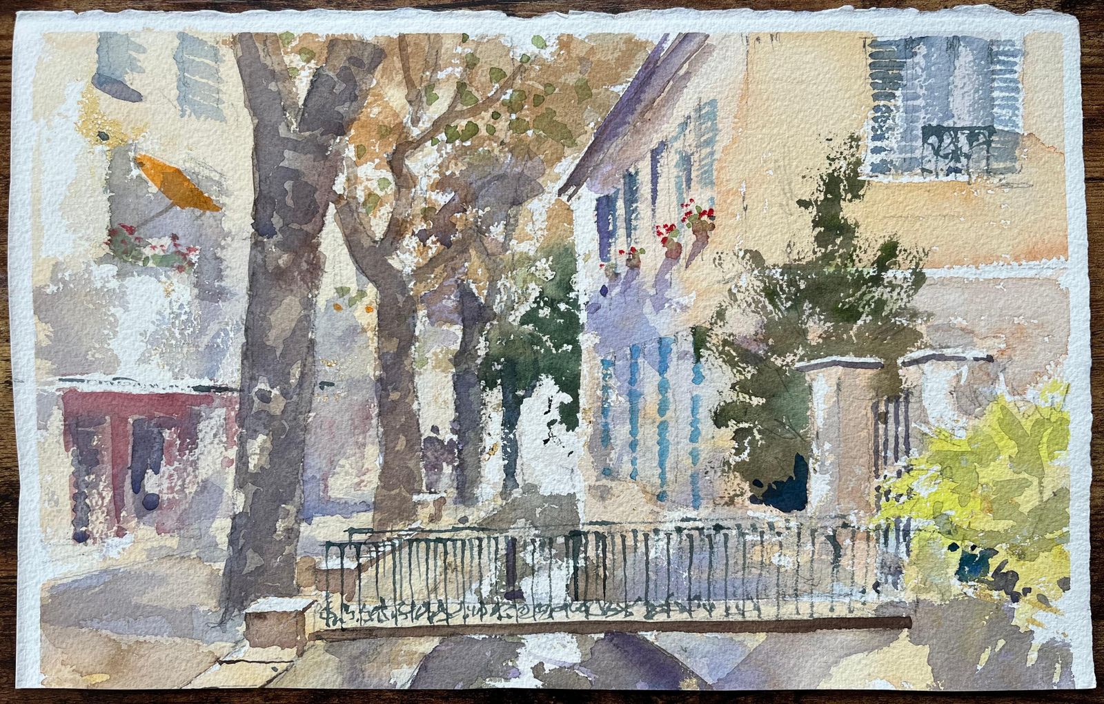 British Impressionist Watercolor Of Sunlit Village Street With Bridge photo furniture
