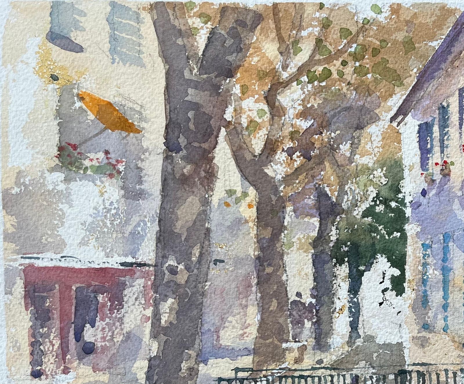 British Impressionist Watercolor Of Sunlit Village Street With Bridge photo vinterior