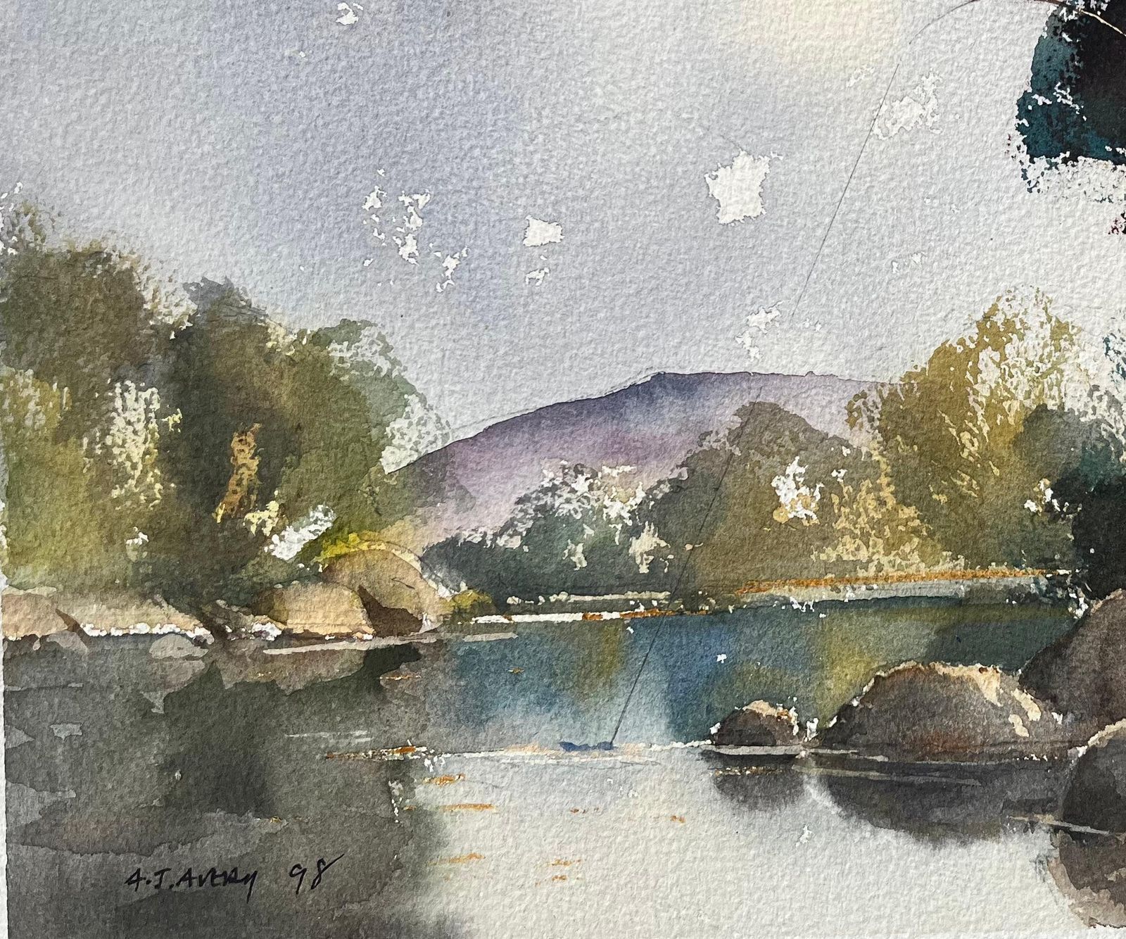 British Impressionist Watercolor Of A Fisherman By A Riverside 1998 photo 525.0