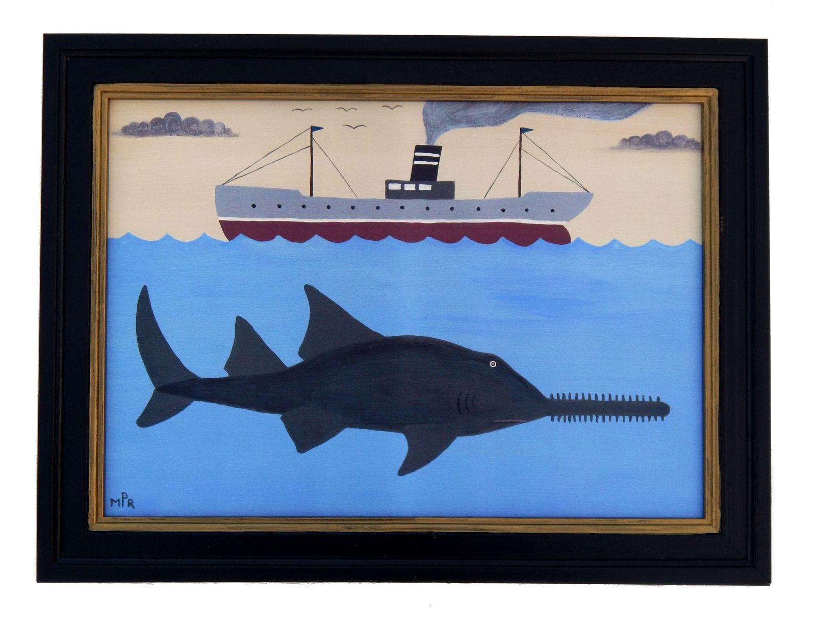 Naïve Coastal Art Maritime Scene With Sawfish And Steamship Fine Art Print By Matt Rix
