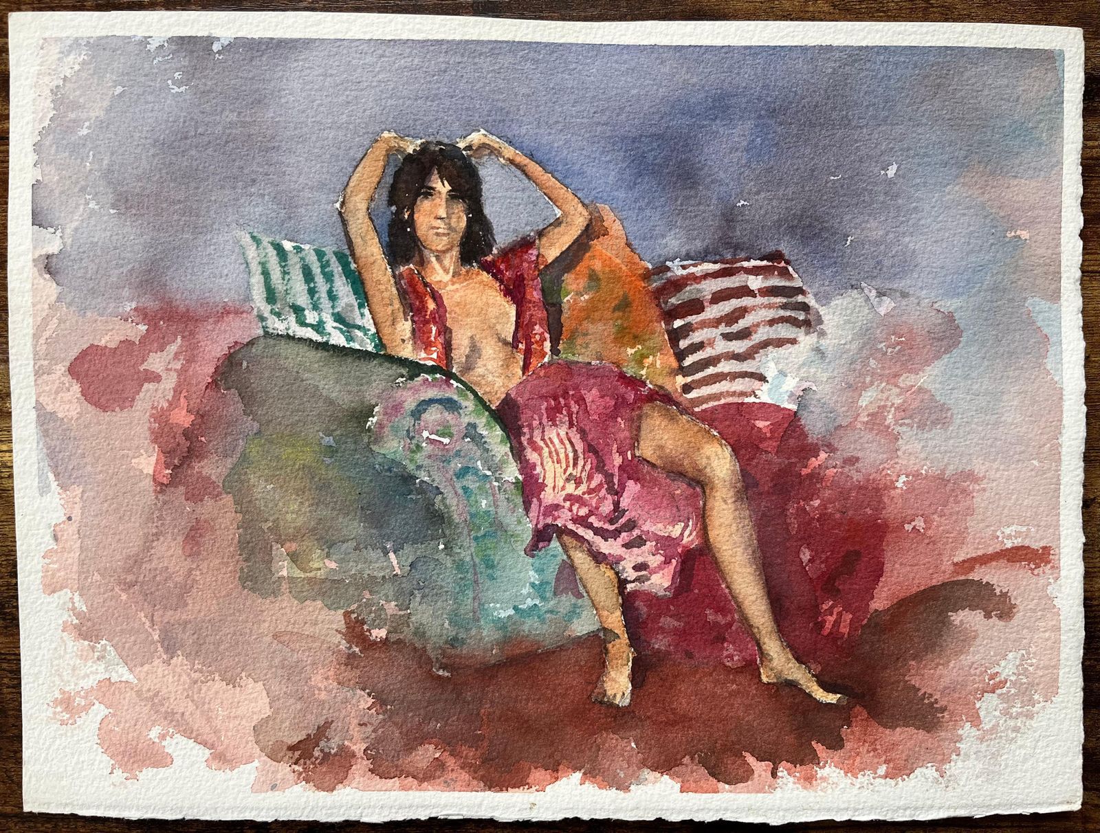 British Impressionist Watercolor Of Reclining Figure In Vibrant Interior photo furniture