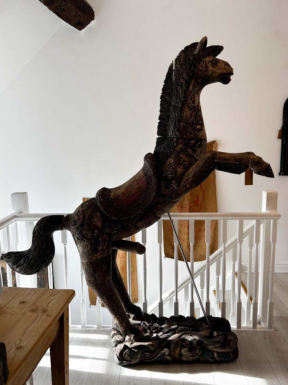 Antique Early 20th Century Large Rare Hand Carved Asian Decorative Wooden Horse Sculpture