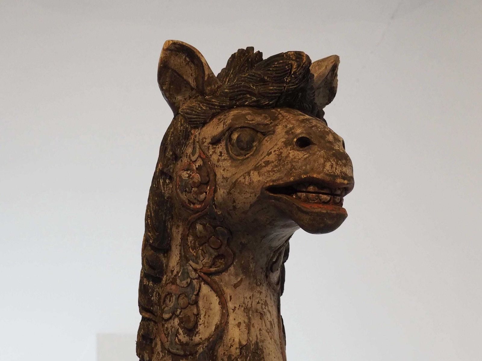 Antique Early 20th Century Large Rare Hand Carved Asian Decorative Wooden Horse Sculpture photo for sale