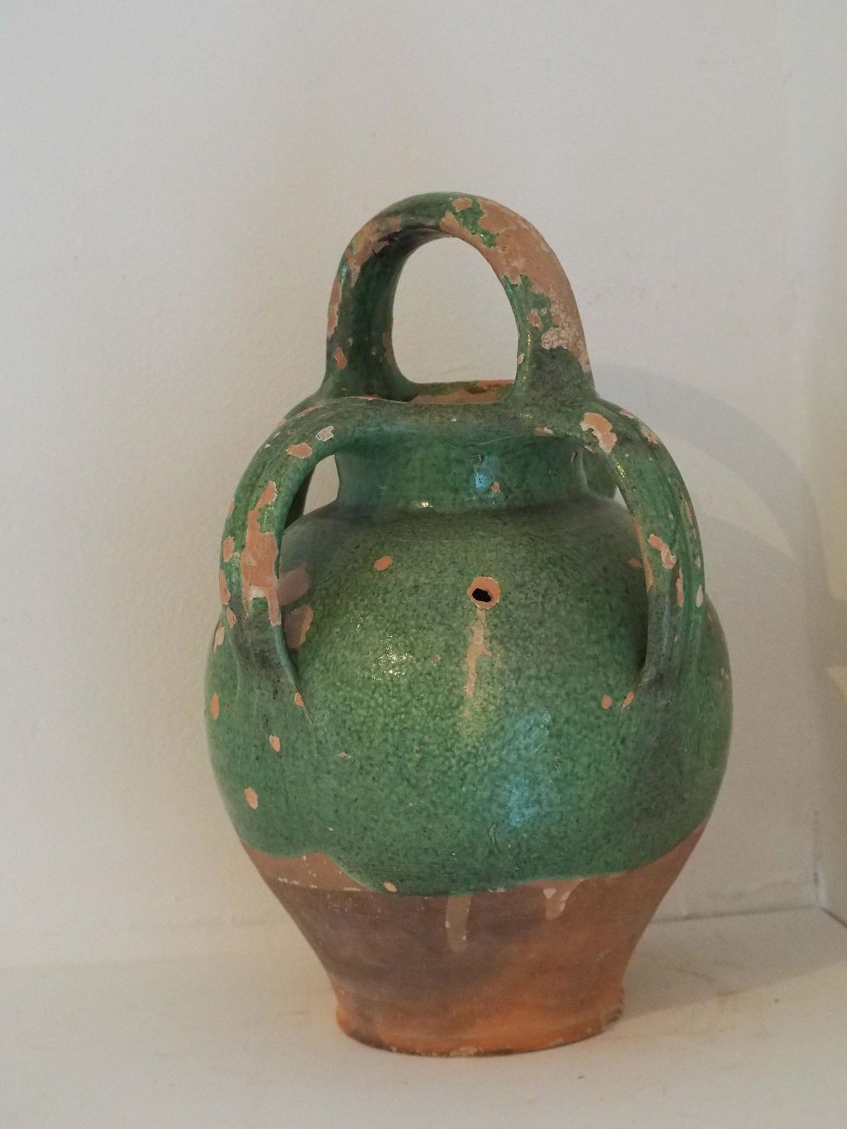Antique French Green Glazed Terracotta Jug With Spout & Handles / Decorative Pot (Sold Individually) photo for sale
