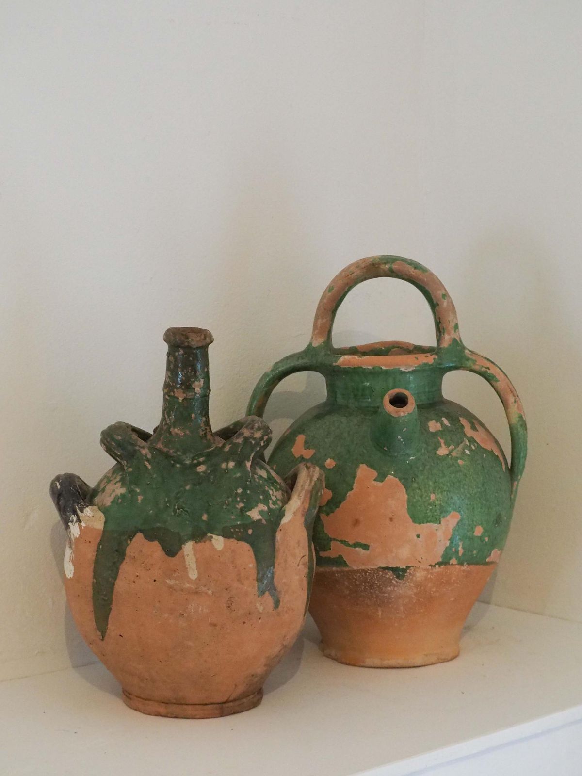 Antique French Green Glazed Terracotta Jug With Spout & Handles / Decorative Pot (Sold Individually) photo vintage