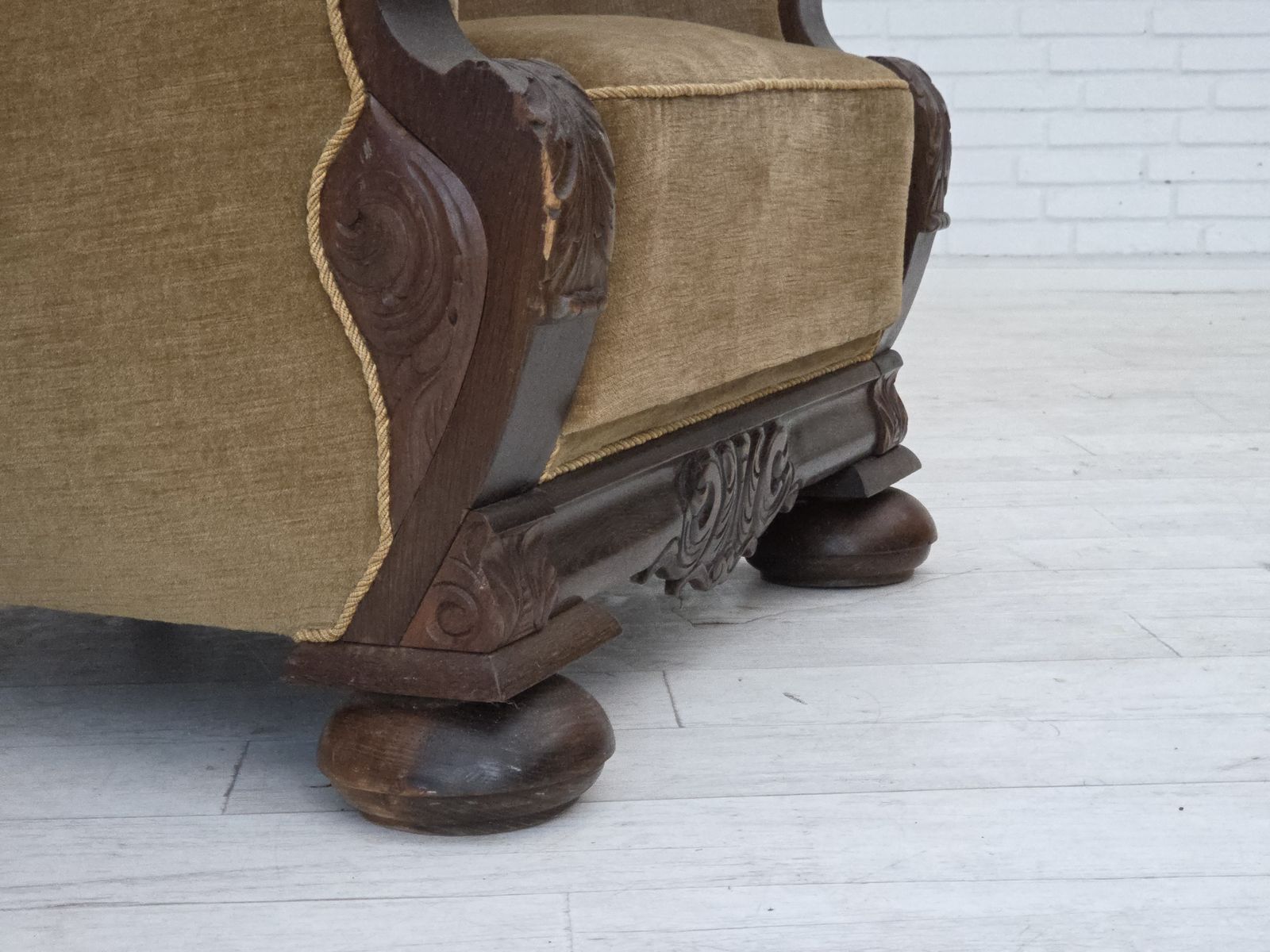 1960s, Danish Relax Chair, Original Green Furniture Velour, Carved Oak Wood. photo 1390.0