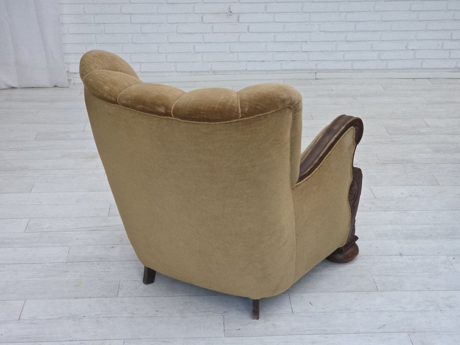 1390.0 1960s, Danish Relax Chair, Original Green Furniture Velour, Carved Oak Wood. photo
