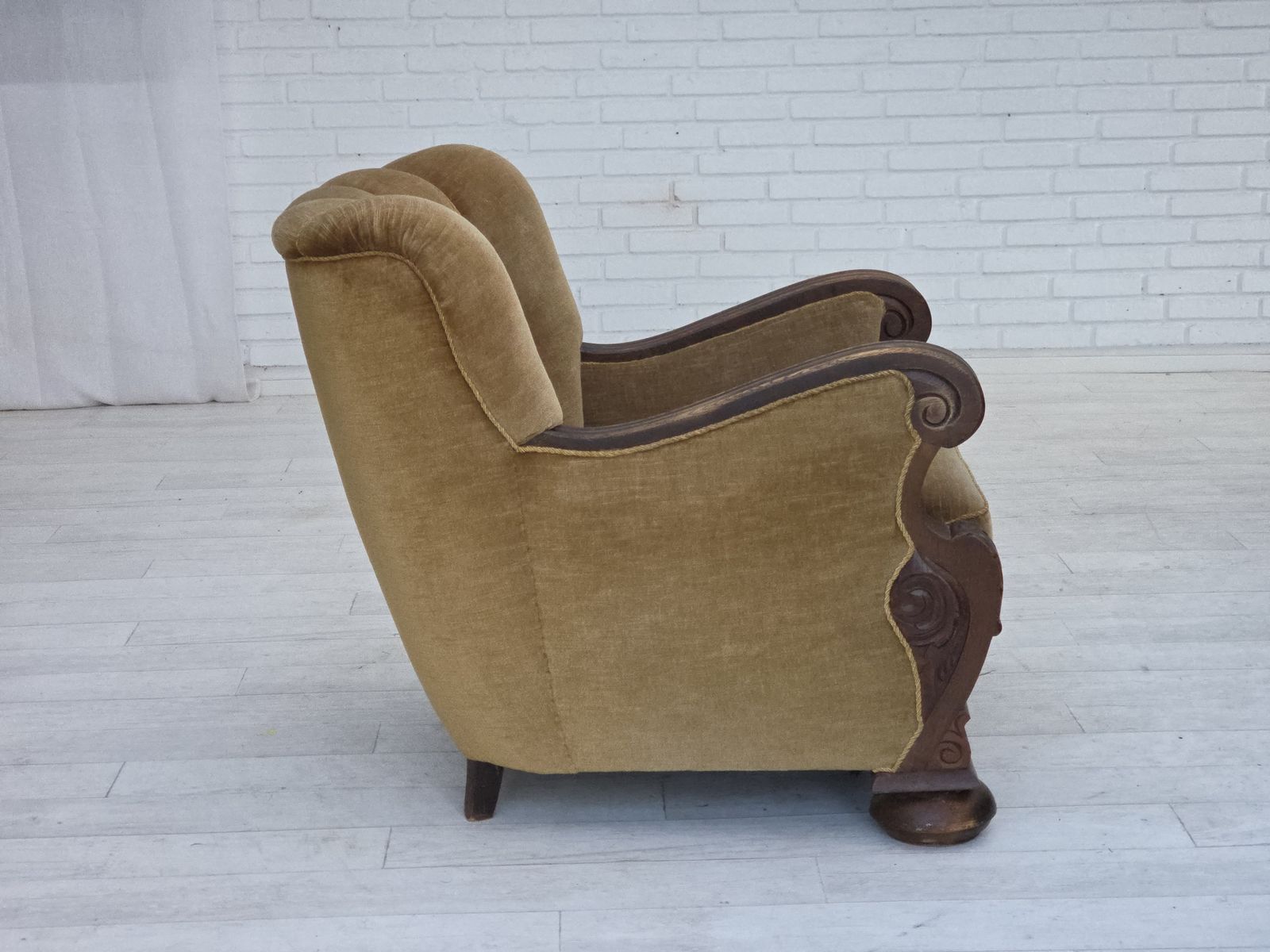 1960s, Danish Armchair, Original Green Furniture Velour, Carved Oak Wood. photo 1350.0