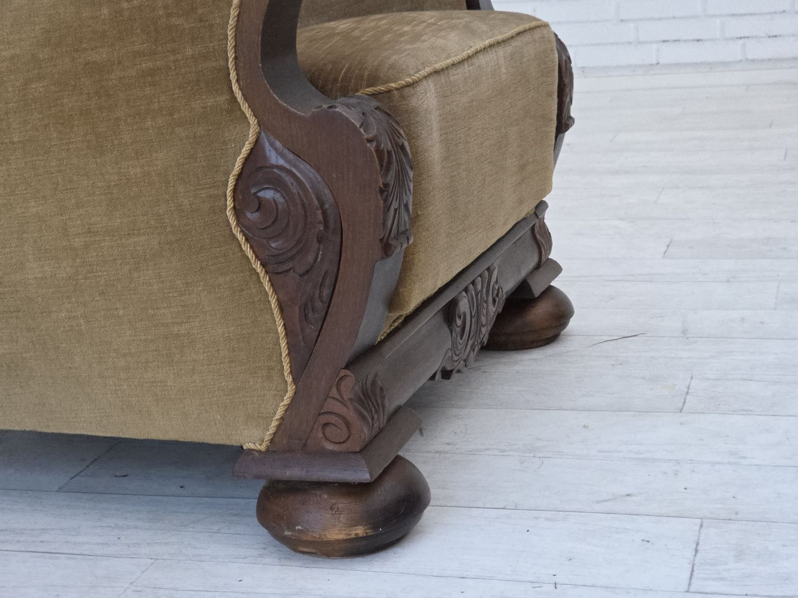 1960s, Danish Armchair, Original Green Furniture Velour, Carved Oak Wood. photo vintage