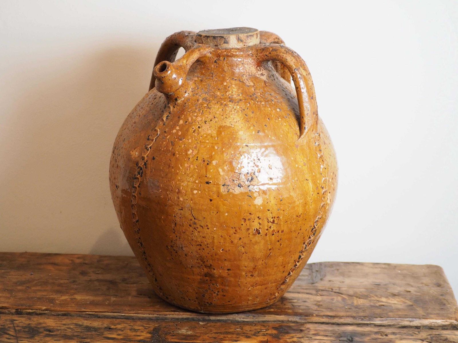 Vintage Antique French 18th Century Walnut Oil Pot / Honey Brown Glaze Jar