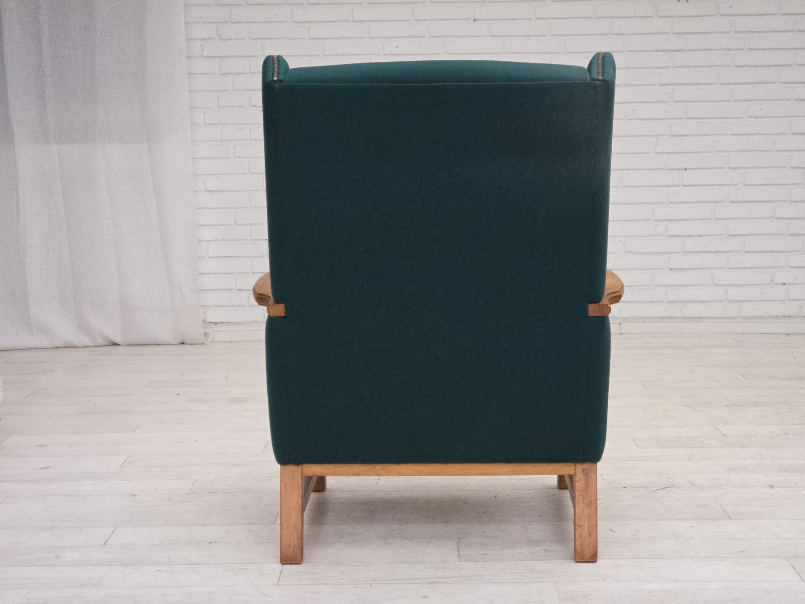 1970s, Danish High Back Armchair, Furniture Wool, Solid Oak Wood. photo Furniture