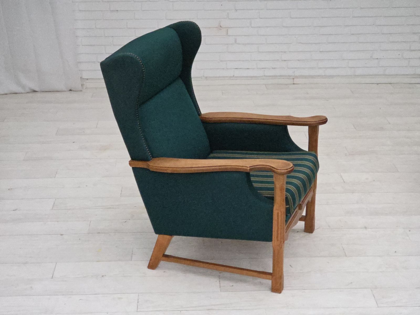 1970s, Danish High Back Armchair, Furniture Wool, Solid Oak Wood. photo buy