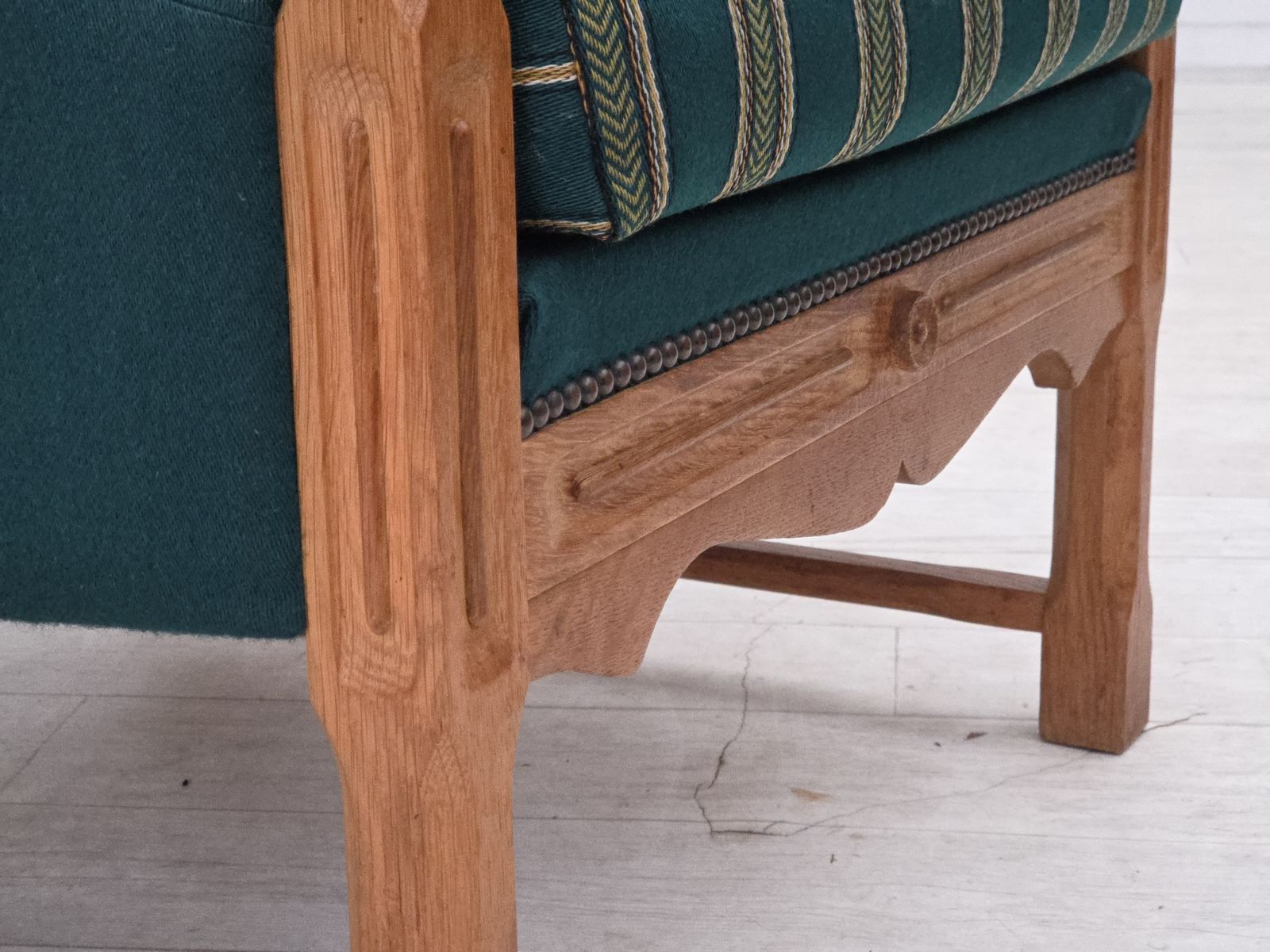 photo buy 1970s, Danish High Back Armchair, Furniture Wool, Solid Oak Wood.