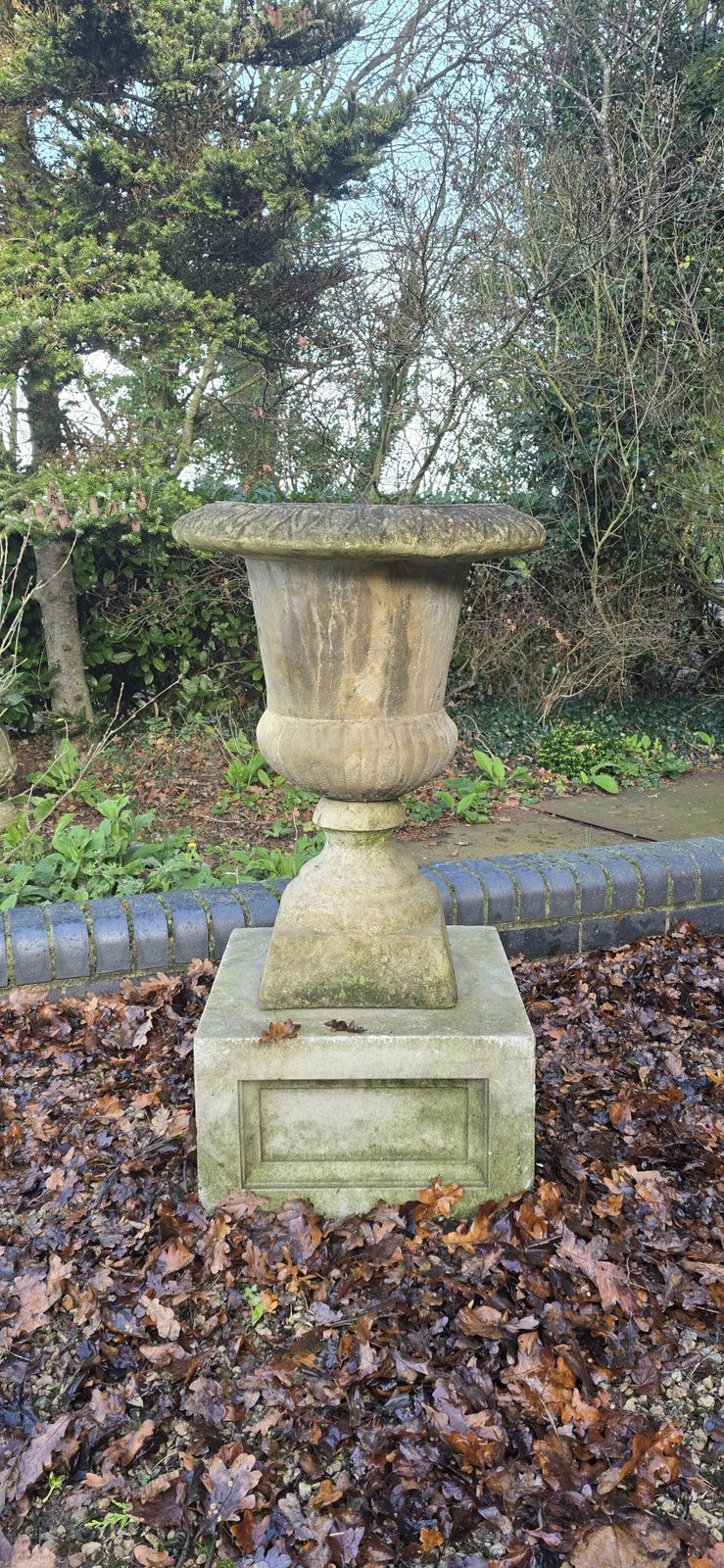 Large Well Weathered Garden Urn On Pedestal photo for sale