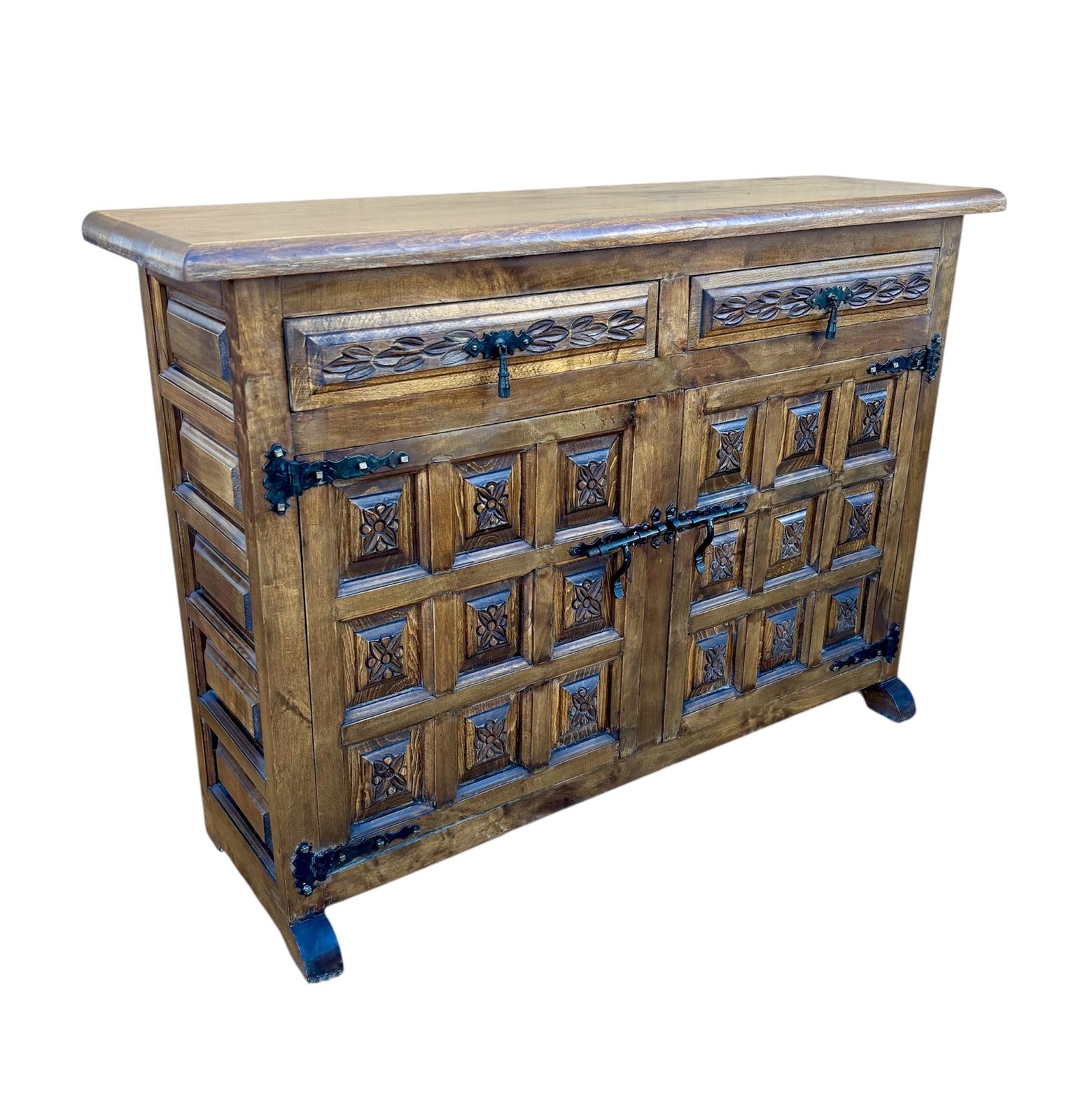 Spanish Rustic Solid Wood Sideboard With Hand Carved Panels And Original Iron Hardware