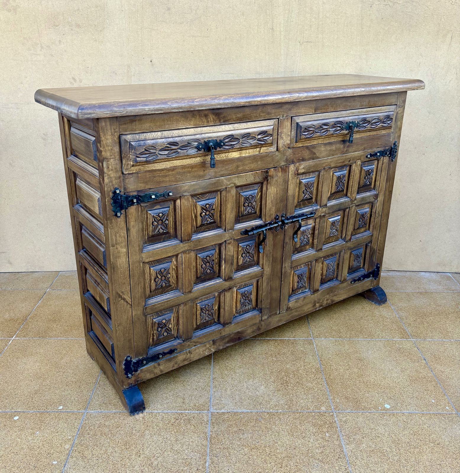 Spanish Rustic Solid Wood Sideboard With Hand Carved Panels And Original Iron Hardware photo Furniture