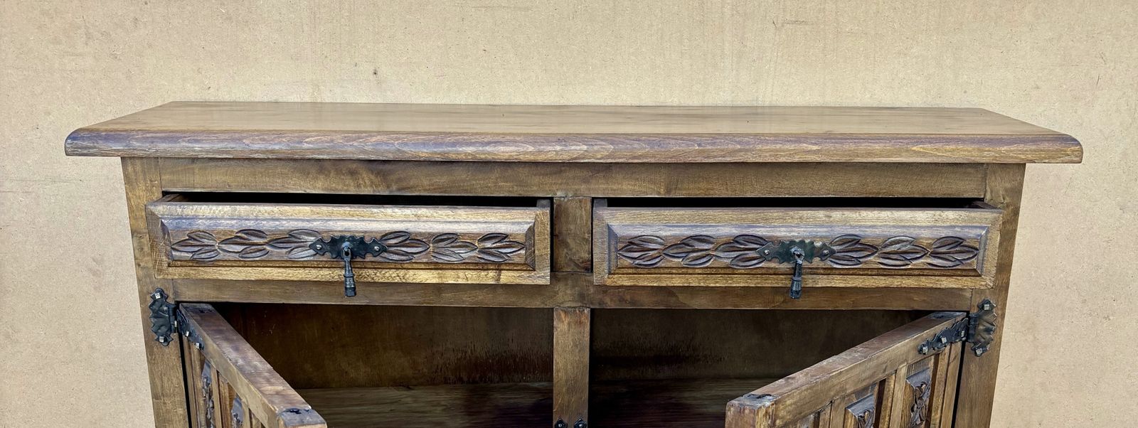 Spanish Rustic Solid Wood Sideboard With Hand Carved Panels And Original Iron Hardware photo vinterior
