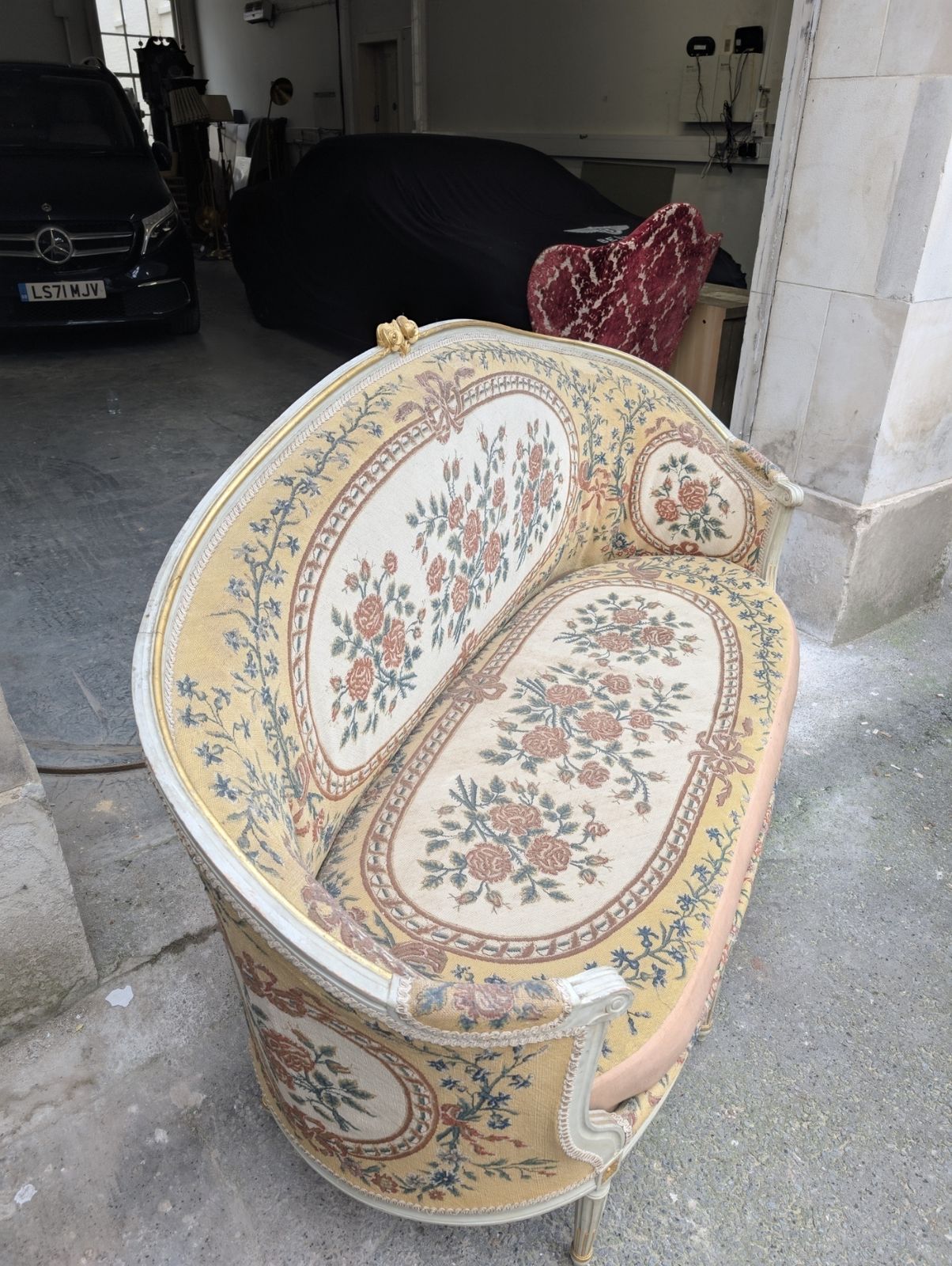 A Cream Painted, Parcel Gilt And Needlework Upholstered Settee In Louis XVI Style  Object Date:  Late 19th Or Early 20th Century photo for sale