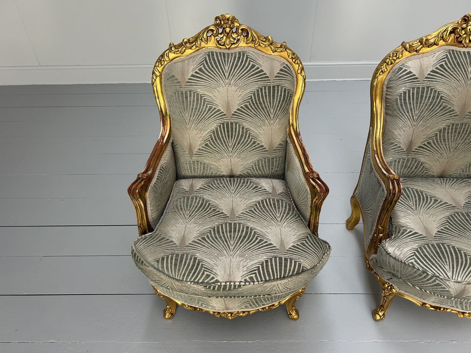 Pair Of French Carved Armchairs In Fabric And Giltwood photo vintage