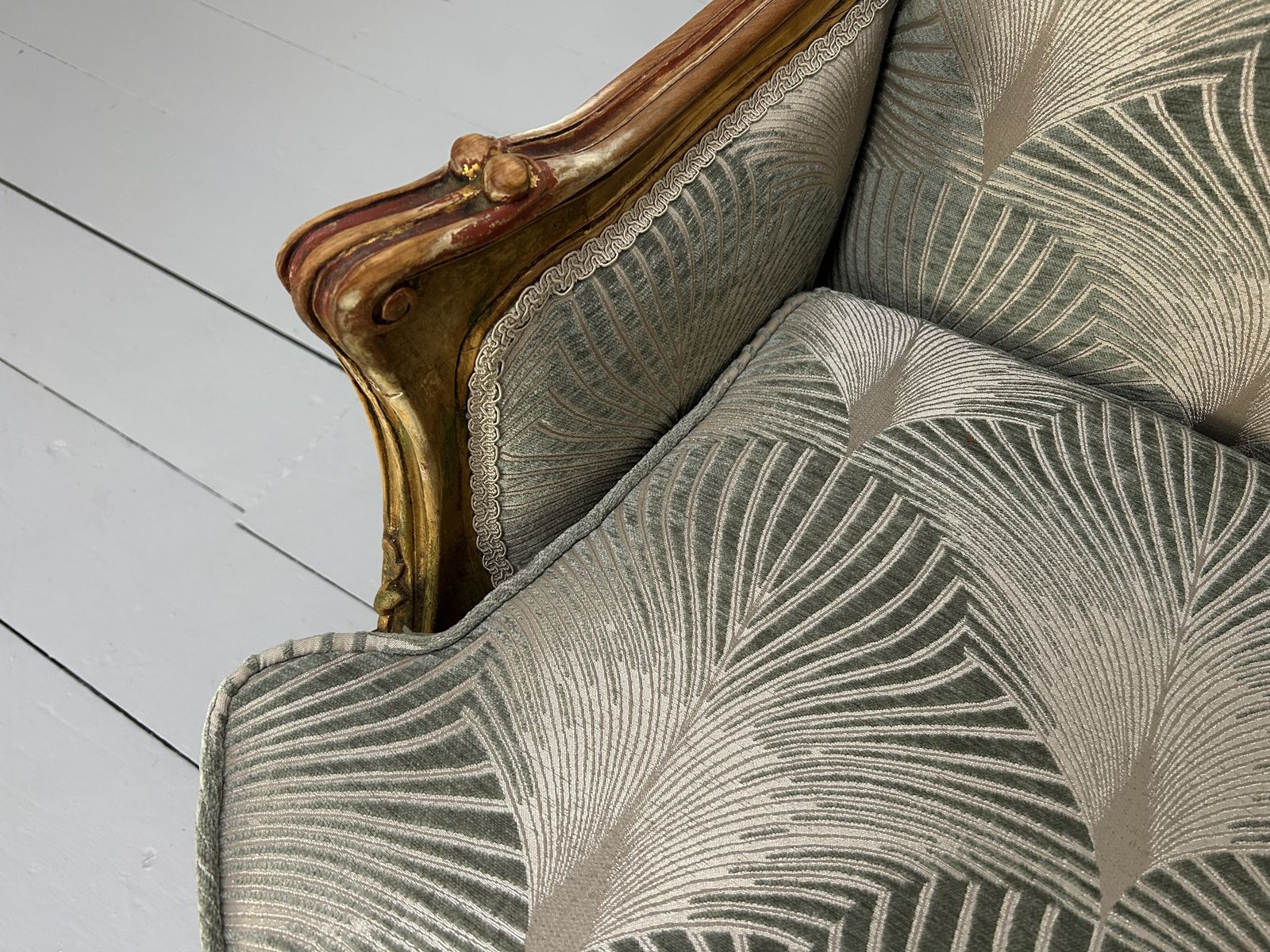 photo buy Pair Of French Carved Armchairs In Fabric And Giltwood