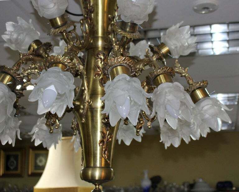 Quality Mid 20th Century French Brass Chandelier With Glass Shades photo Lighting