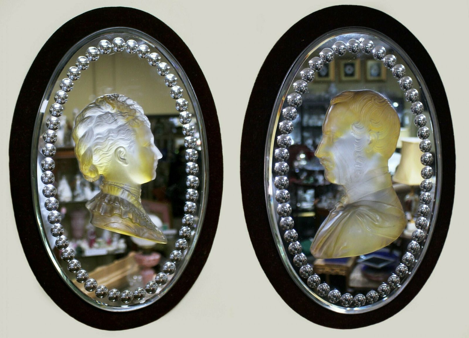 Pair Of Mid 19th C. Victoria & Albert Carved Crystal Mirrored Plaques