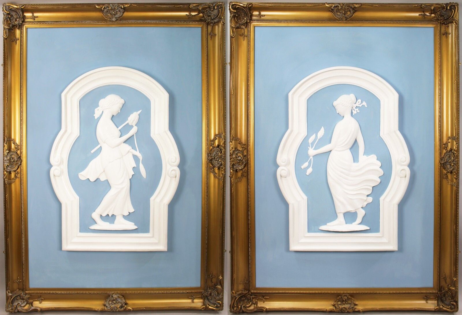 Pair Of Very Large Art Deco Plaster Panels Set In Gilt Frame