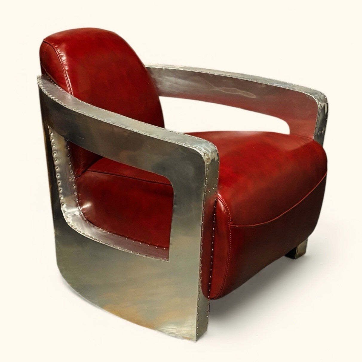 Aviators Polished Metal Armchair, With Red Leather Upholstery.