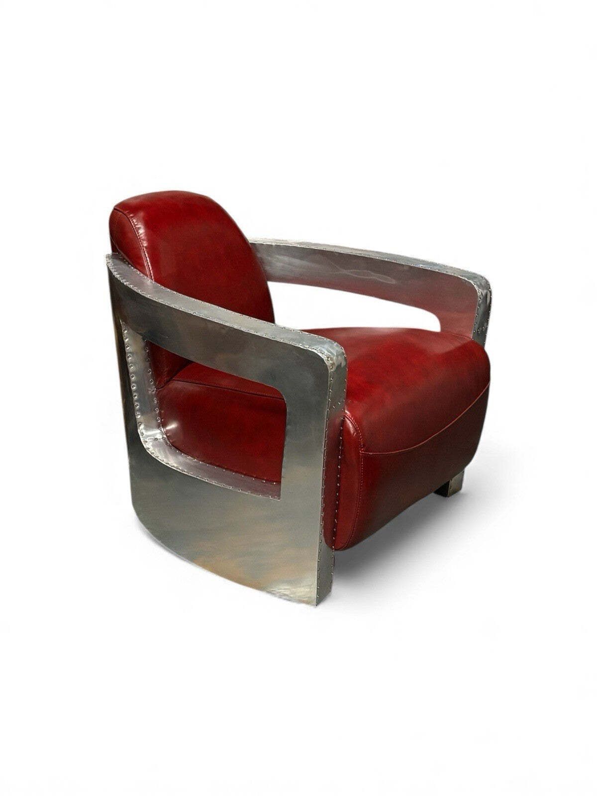 Aviators Polished Metal Armchair, With Red Leather Upholstery. photo furniture