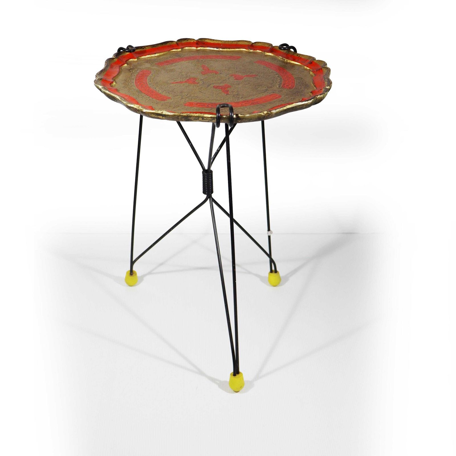 1950s Vintage Tripod Folding Side Table With Florentine Tray
