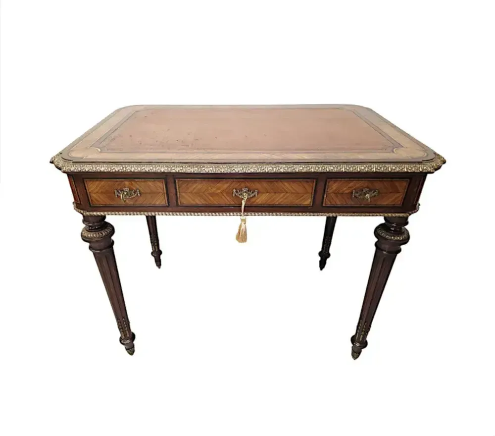 A Very Rare Neat Size 19th Century Leather Top Writing Desk With Ormolu Mounts photo for sale