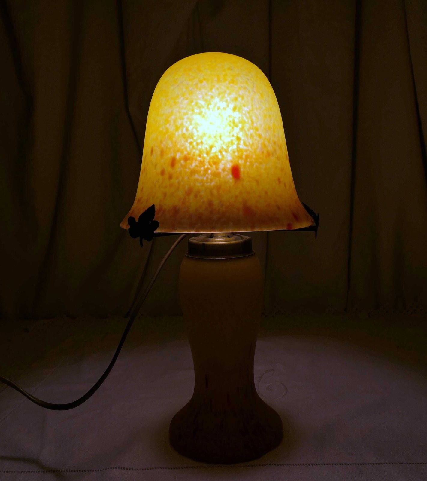 Vintage French Art Deco Style Mushroom Lamp In Colorful Yellow And Red Pressed Glass, Retro 1980s Reproduction Glass Paste Table Light photo buy