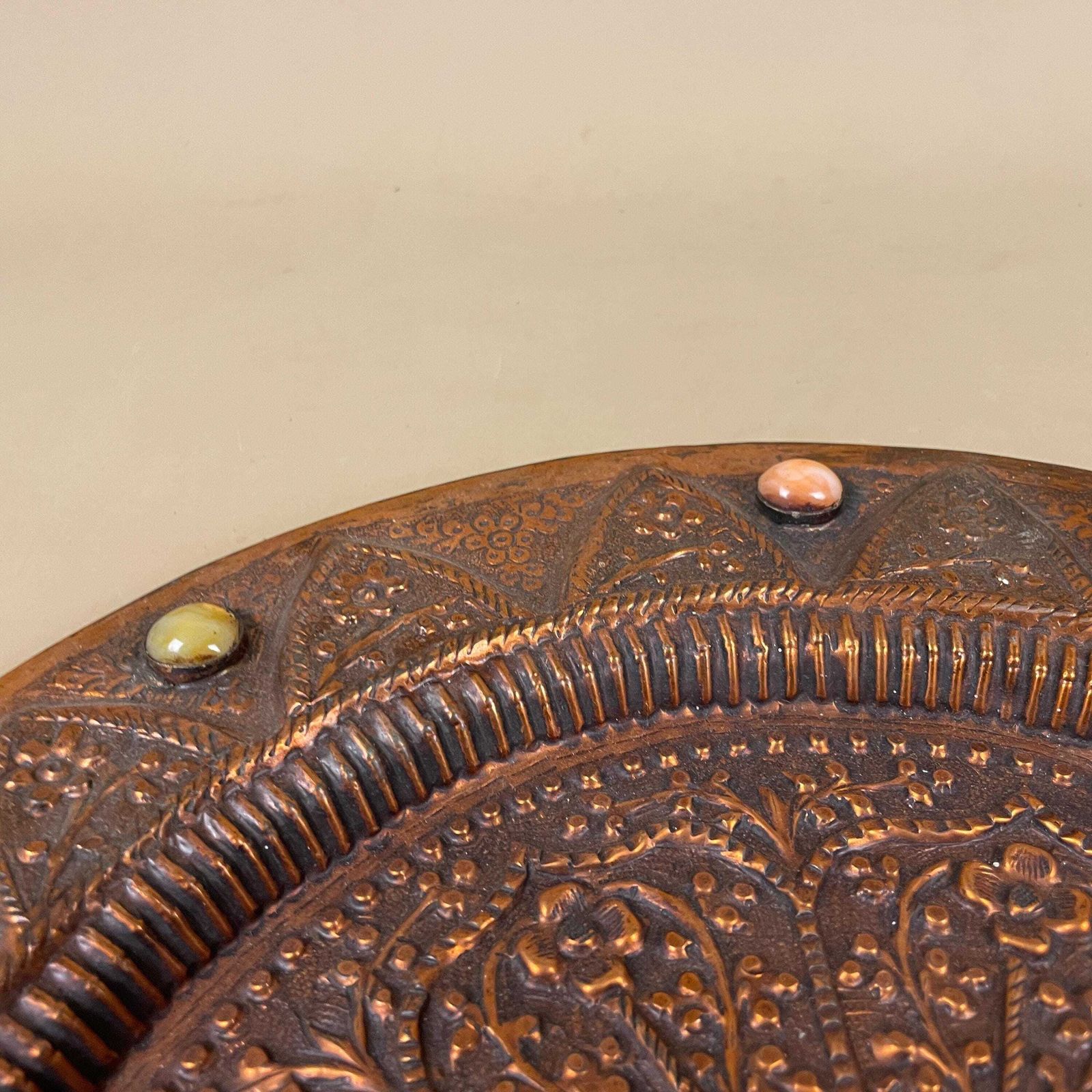 Antique Metal Indian Patterned Copper Tea Tray 36.7cm Plate Asian Gemstones Textured Intricate Decorative Patterned Wall Art Round Vintage photo vinterior