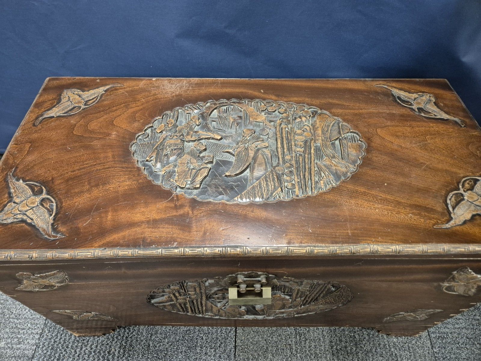 Large Carved Oriental Camphor Wooden Chest With Lock photo furniture