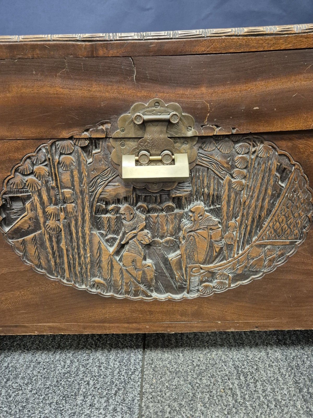Large Carved Oriental Camphor Wooden Chest With Lock photo Furniture