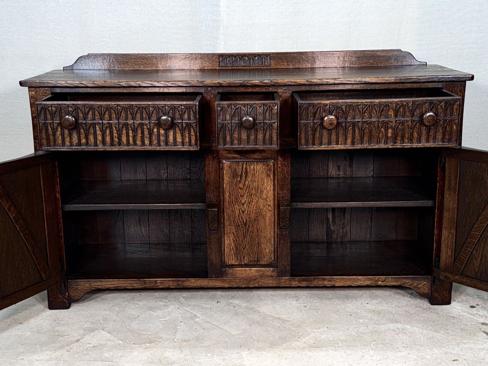 A Nigel Rupert Griffiths Monastic Carved Oak Dresser Base / Sideboard / Cabinet / Cupboard photo for sale