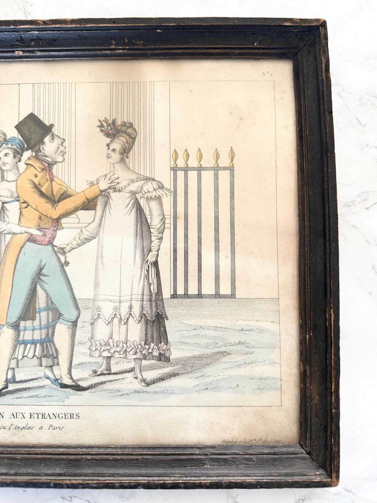 Antique Very Early 1800 French Empire Regency Etching Hand Coloured Original Frame And Glass Caricature Publication British French Paris photo Art
