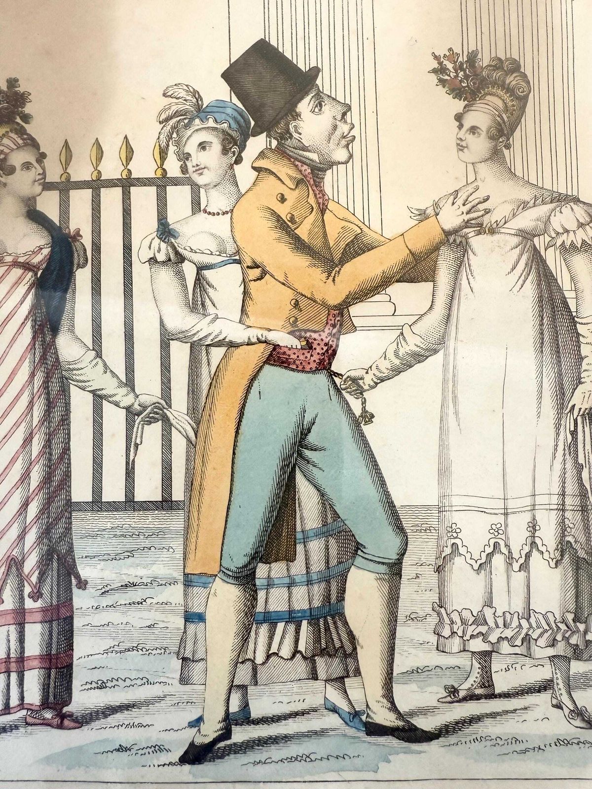Antique Very Early 1800 French Empire Regency Etching Hand Coloured Original Frame And Glass Caricature Publication British French Paris photo vinterior