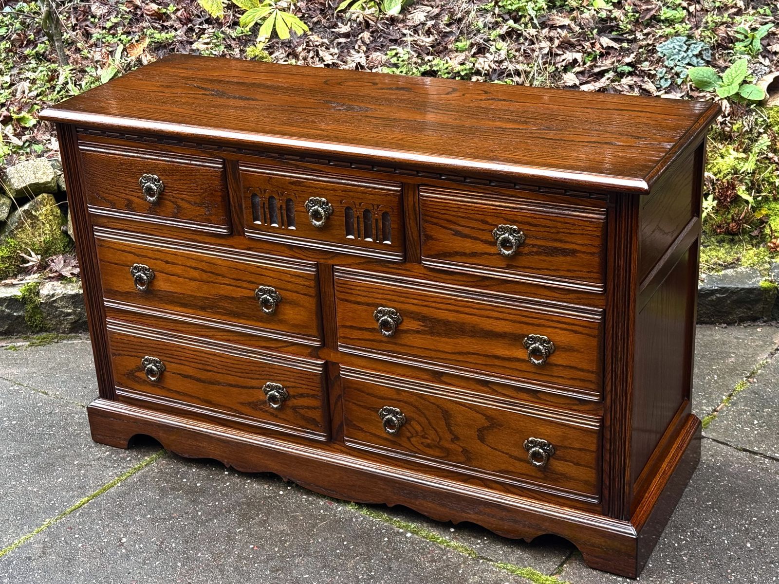 A Wood Brothers Old Charm Carved Light Oak Long Chest Of Drawers / Sideboard / Dresser Base photo for sale