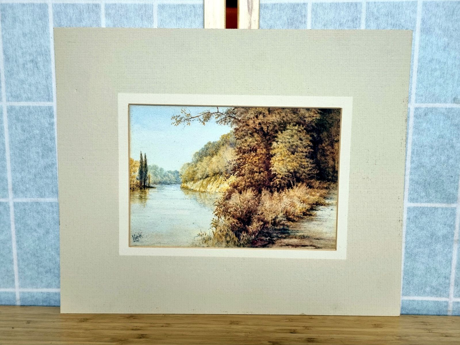 Original Watercolour Landscape Artwork, L Cowper Signed, English River Scene On Paper, Mounted Fine Art C1930s