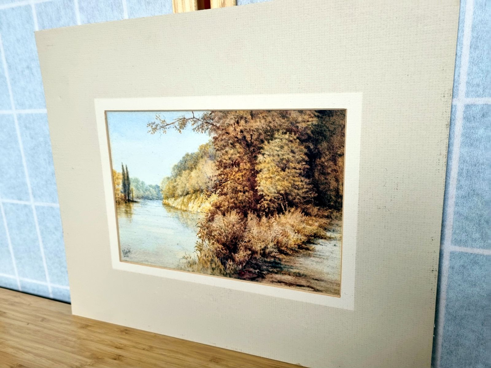 Original Watercolour Landscape Artwork, L Cowper Signed, English River Scene On Paper, Mounted Fine Art C1930s photo vintage