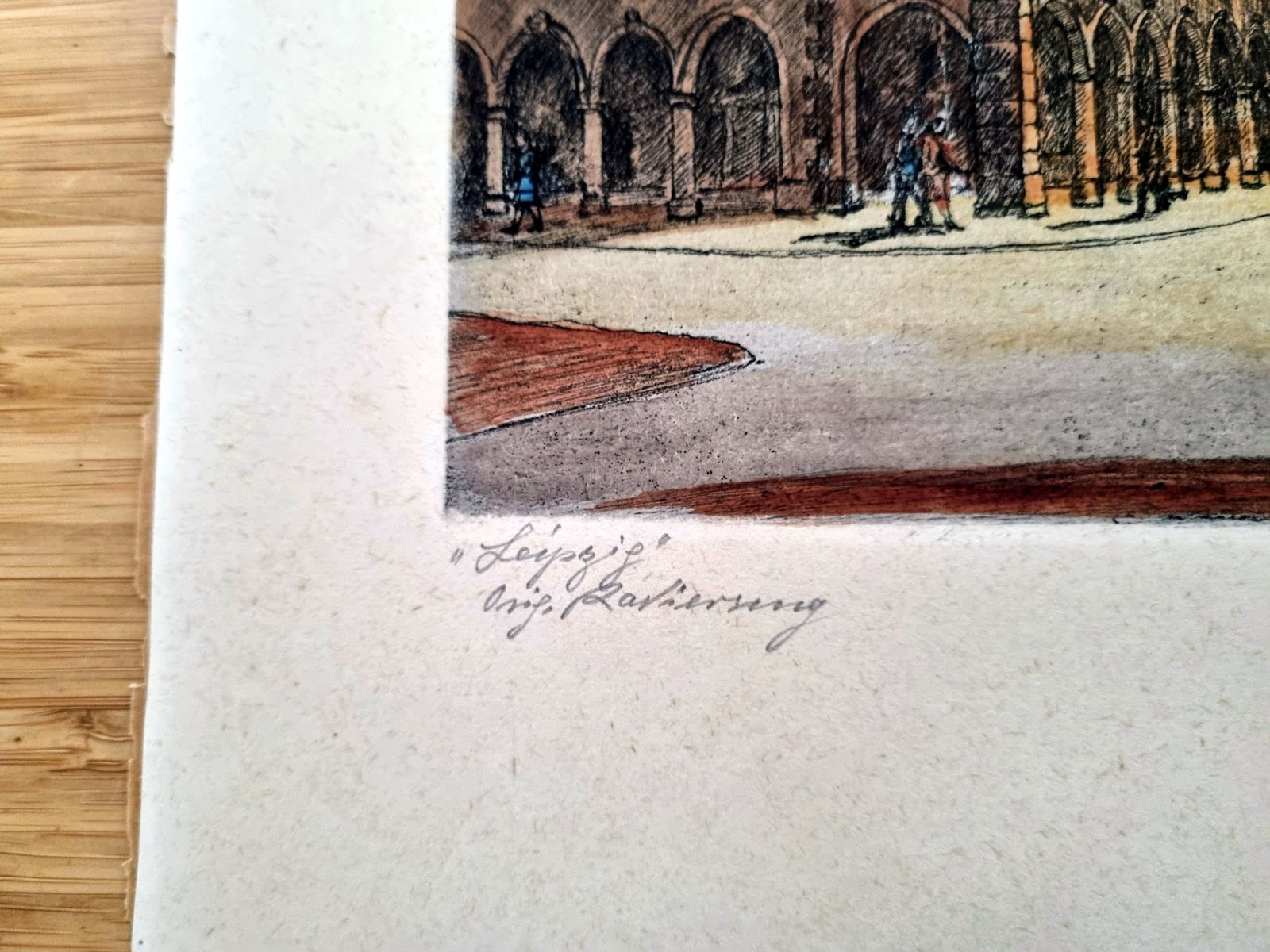 Original Etching City View, Friedrich Schick Old Town Hall Leipzig, Hand Coloured Print, German Architecture Art, 1950s photo furniture