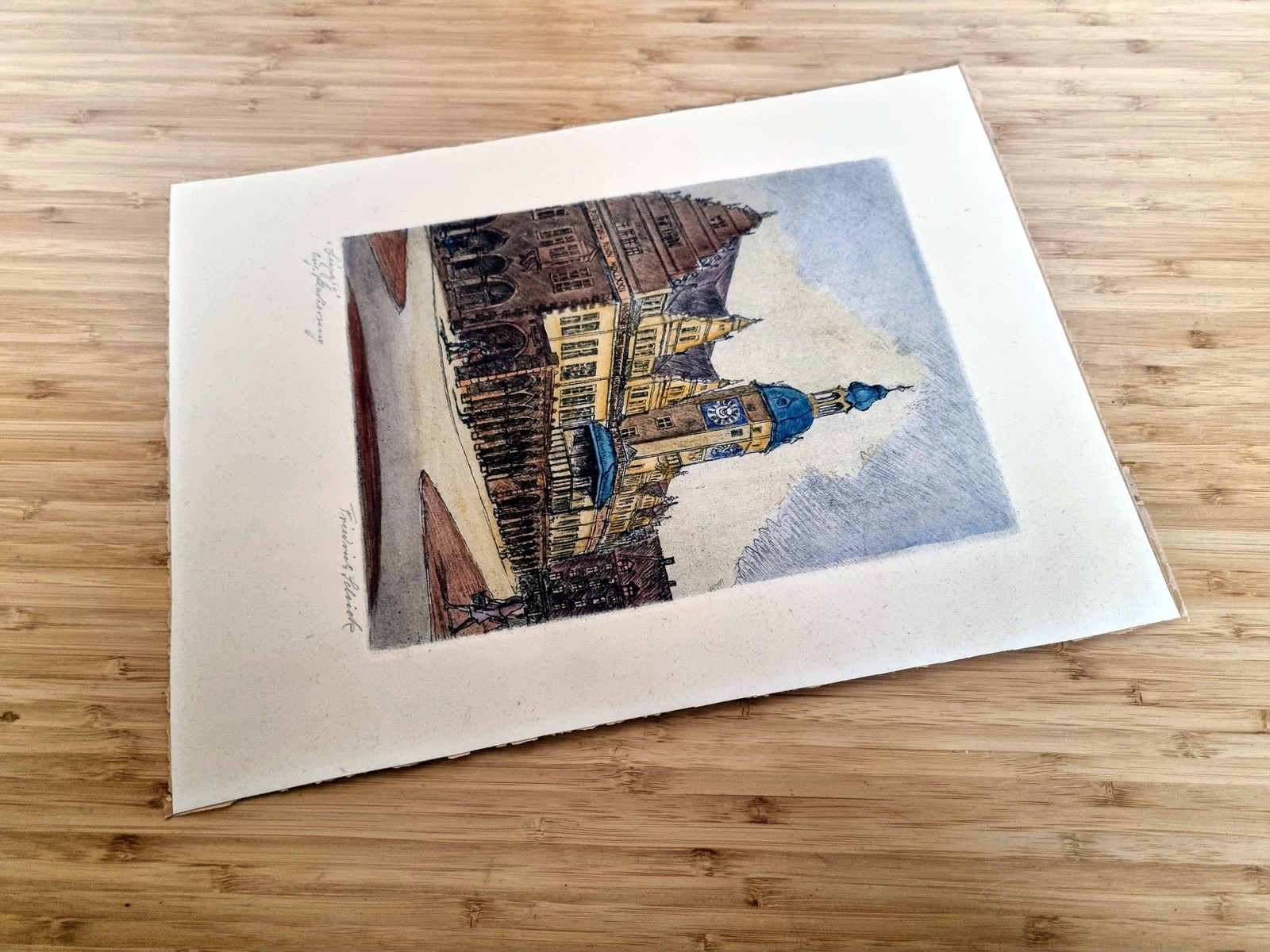 Original Etching City View, Friedrich Schick Old Town Hall Leipzig, Hand Coloured Print, German Architecture Art, 1950s photo Art