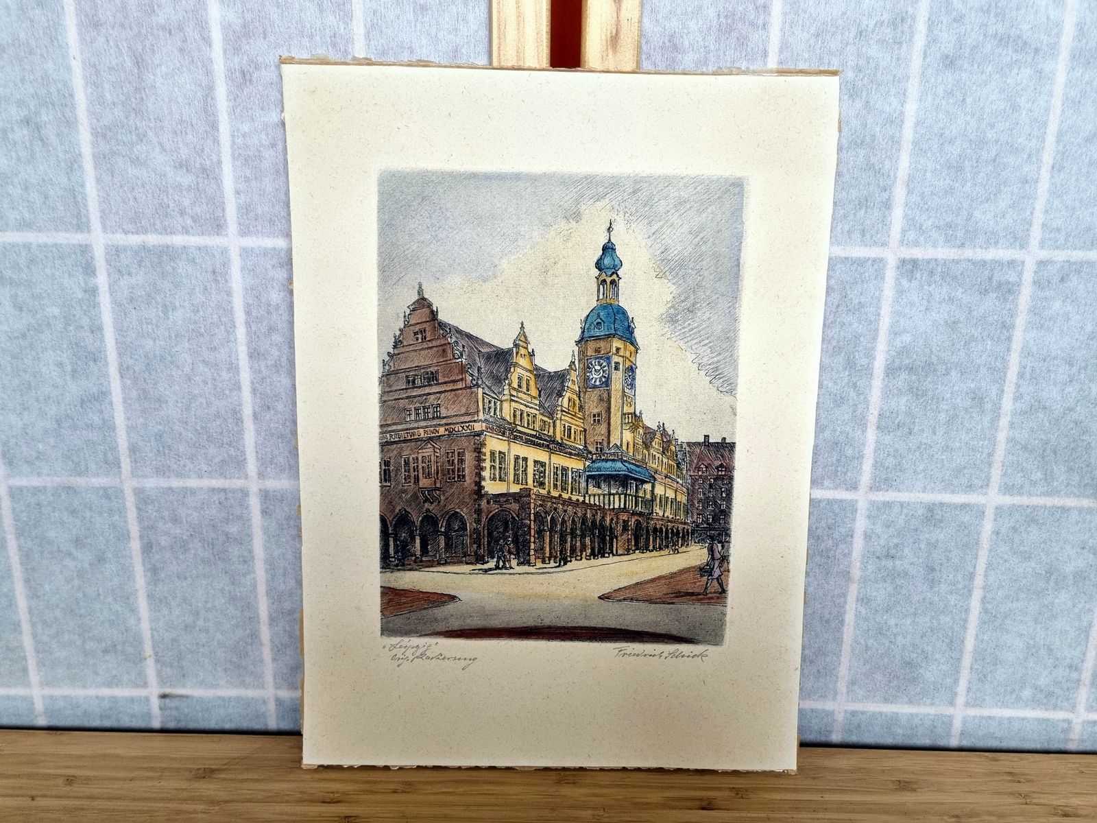 Original Etching City View, Friedrich Schick Old Town Hall Leipzig, Hand Coloured Print, German Architecture Art, 1950s
