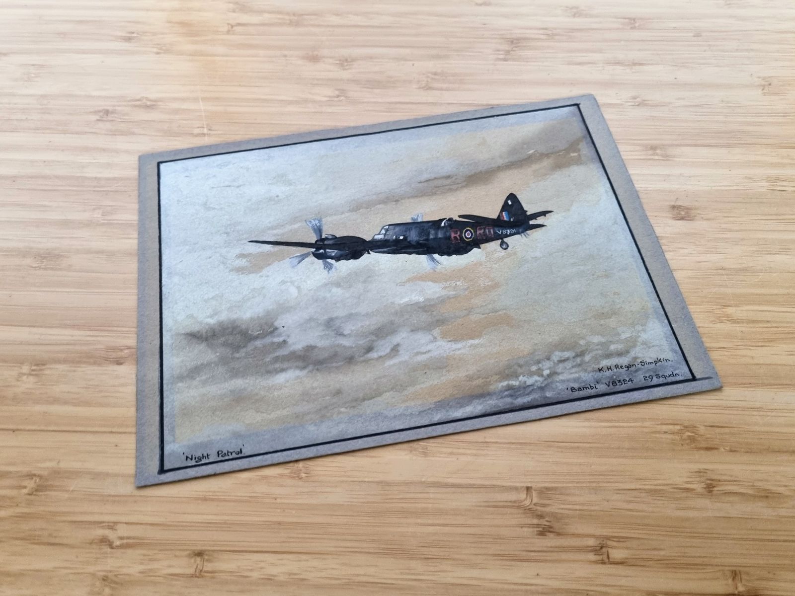 Original Ww2 Aviation Watercolour Painting, Night Patrol Raf Aircraft, Bristol Beaufighter Bambi V8324 29 Squadron, K H Regan Simpkin photo vinterior
