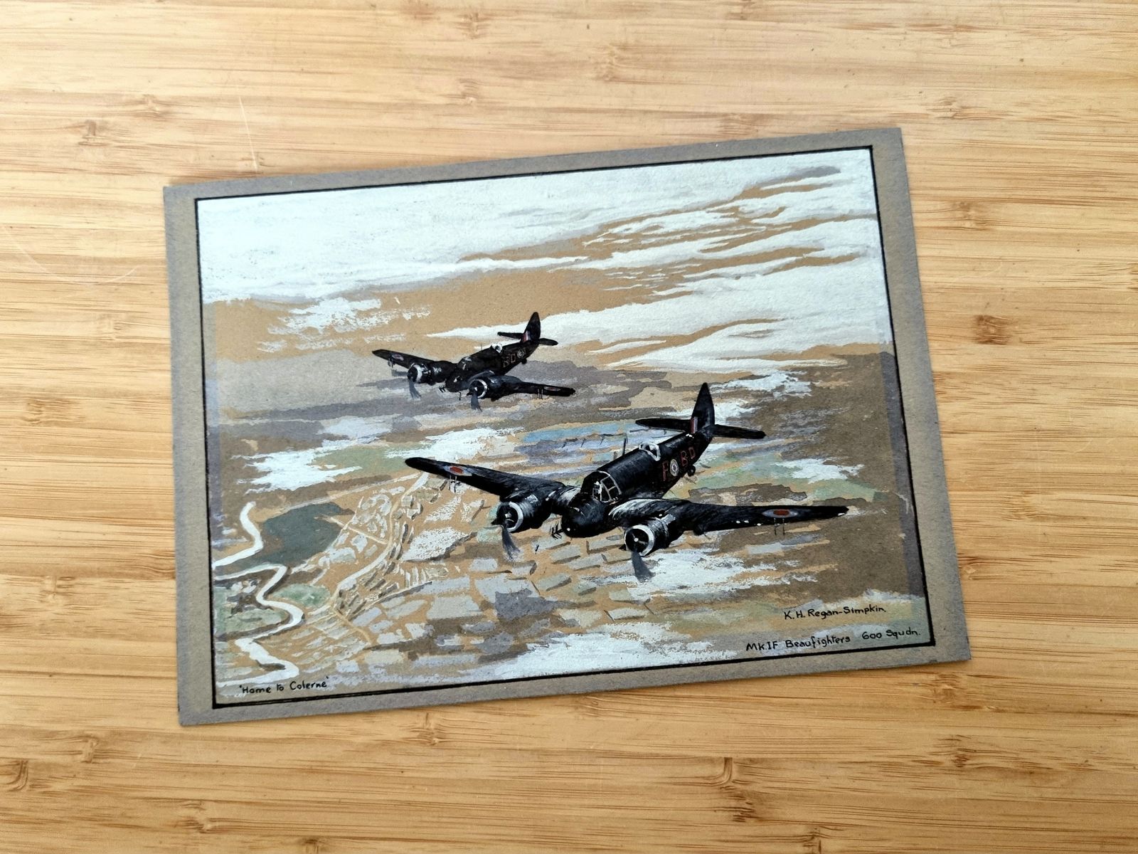 Original Ww2 Aviation Watercolour Painting, Raf Beaufighter Formation Scene, Mk If Bristol Beaufighters 600 Squadron, K H Regan Simpkin photo Art