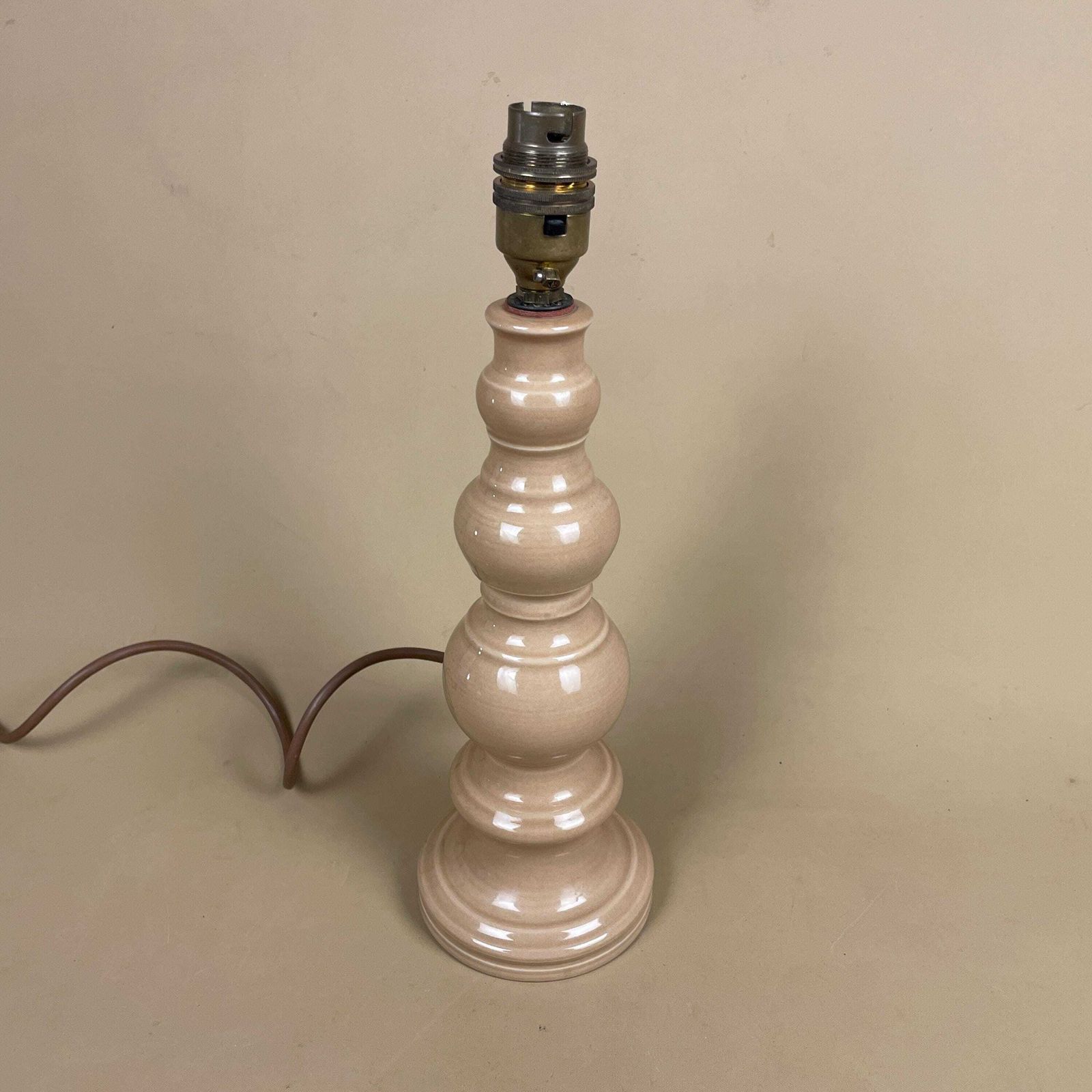 Ceramic Lamp Light Bedside Table Bauble Round Vase Beige Heavy Light Antique Brass Gold Trims Medium Vintage Bulbous Shape Stacked photo vintage