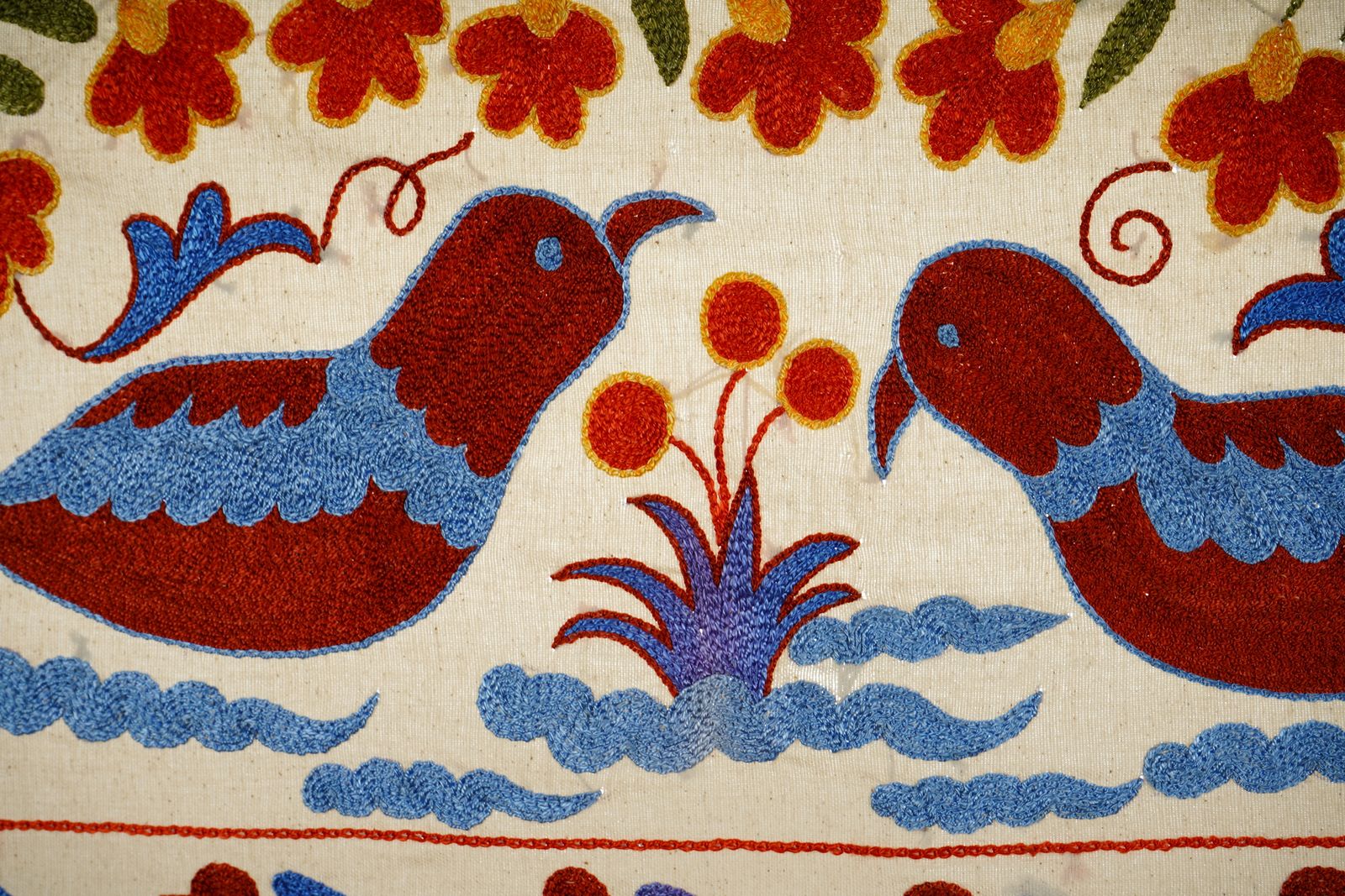 Unique Figural Suzani Throw | Bird Or Duck Motif Square Boho Wall Decor 1'6'' X 3'2'' photo vinterior