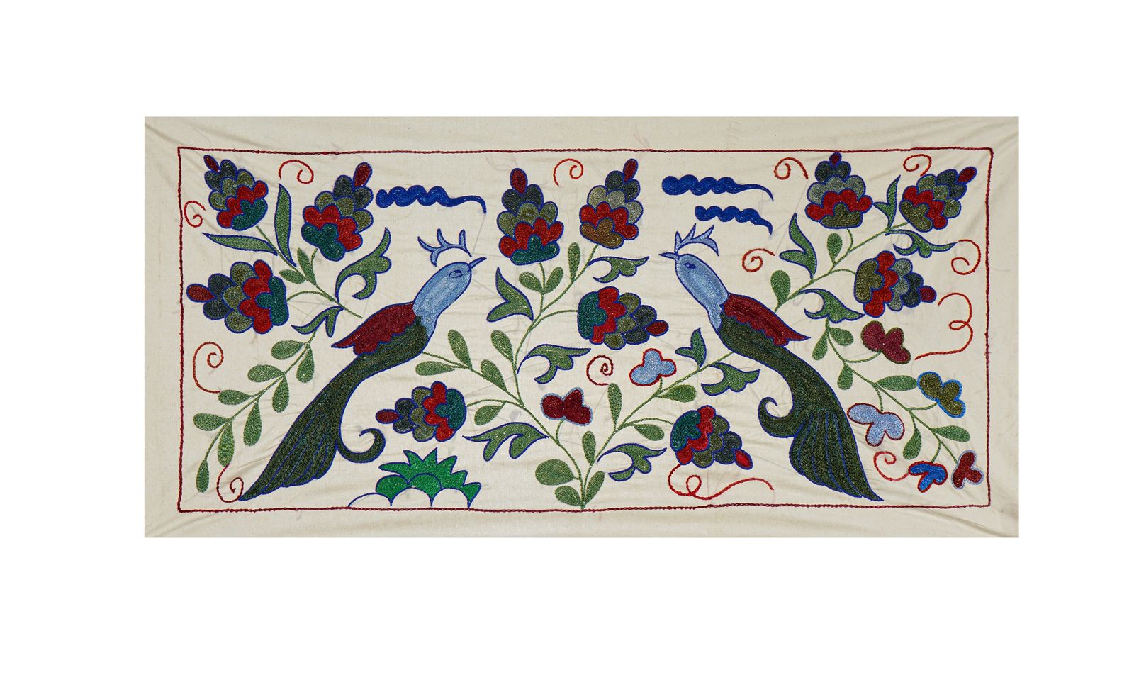 Decorative Suzani Embroidered Cotton Cloth – Featuring Traditional Bird And Floral Designs 1'5'' X 2'9''